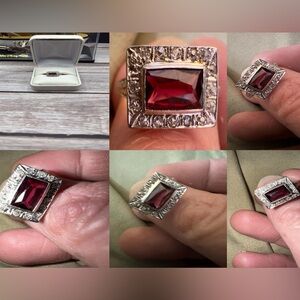 Antique 14K White Gold Garnet Ring w/ Rose-Cut Diamonds • Hand-Engraved Art DECO